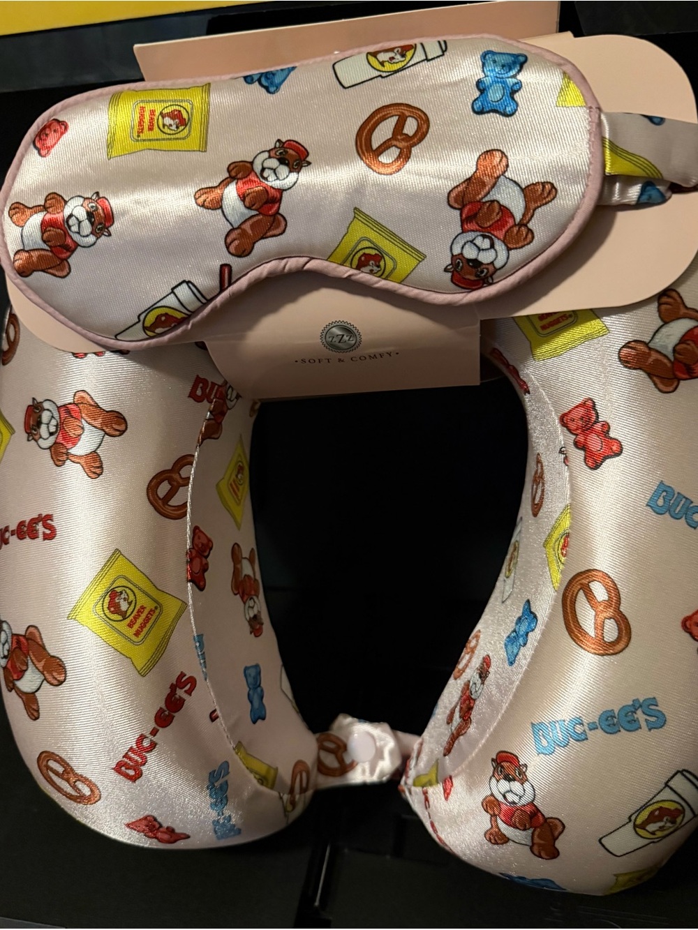 Buc-ee's Travel Set, Satin Neck Pillow and Eye Mask with Snack Print, NWT